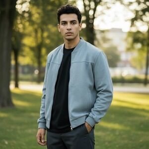 Manfinity Mens Dusty Blue Lightweight Faux Suede Bomber Jacket Sz M Ribbed Trim